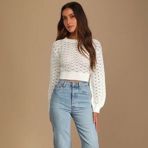Always All Mine Ivory Lace-Up Cropped Pointelle Sweater